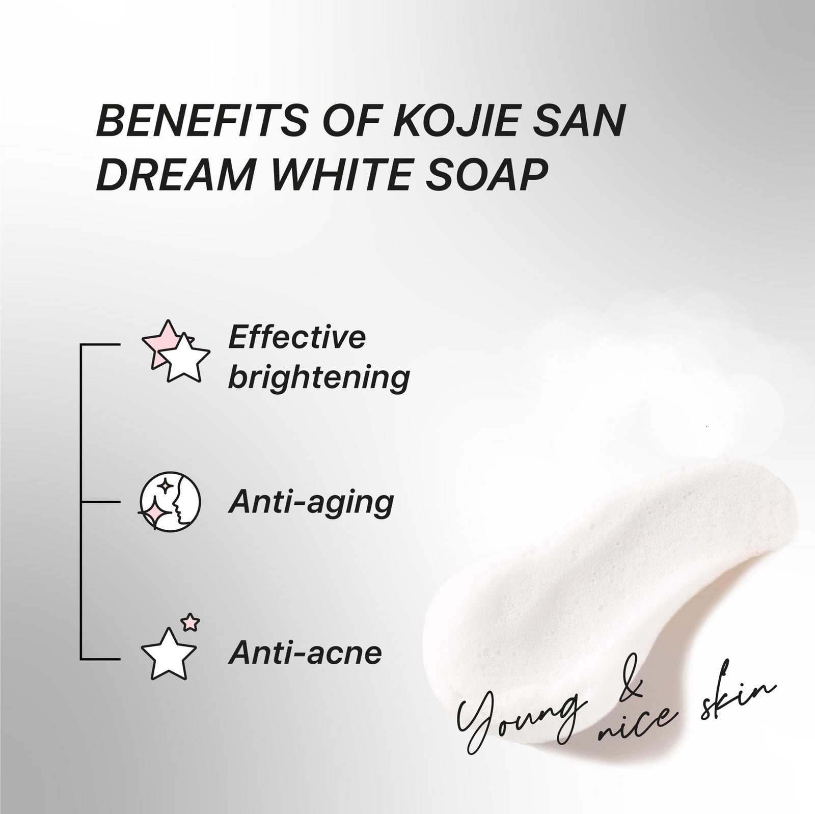 KOJIE SAN Dream White Soap benefits image showing effective brightening anti aging and anti acne cream texture smear