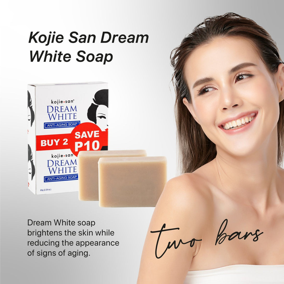 Kojie San Dream White soap two bars with box and smiling woman brightening anti aging soap