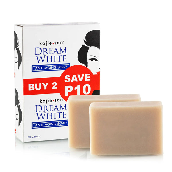 Kojie San Dream White anti aging soap twin pack showing two bars and box skin care whitening bar