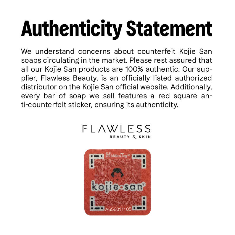 Kojie San authenticity statement showing Flawless Beauty seal and anti counterfeit sticker skin lightening soap value pack