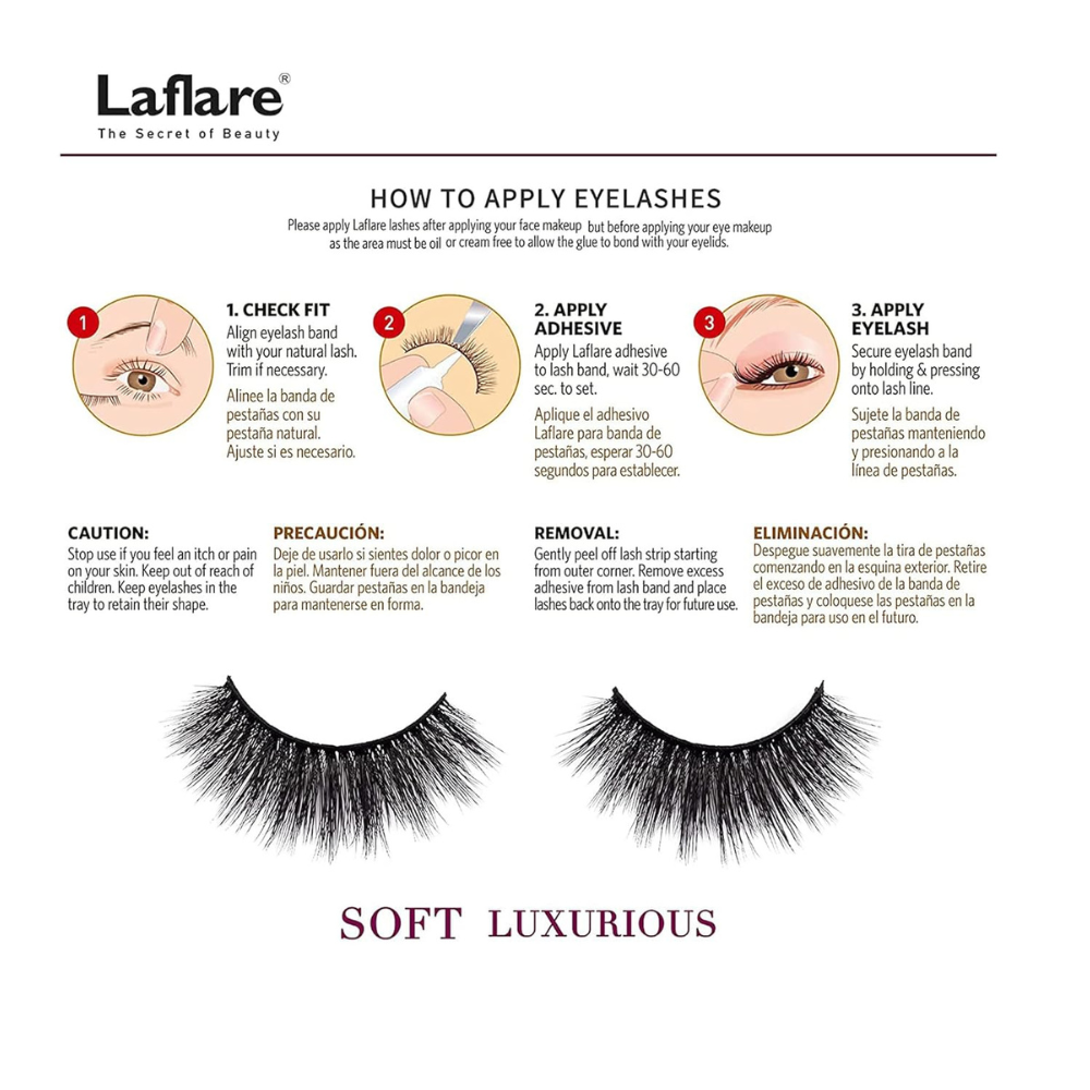 LAFLARE 3D cashmere eyelashes value pack packaging with application steps and soft luxurious lashes