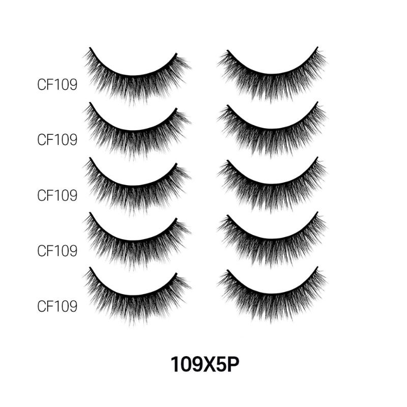 LAFLARE 3D cashmere eyelashes value pack showing five natural black flared lash pairs in style CF109