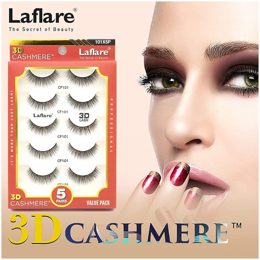 LAFLARE 3D cashmere eyelashes value pack five pairs with model wearing dramatic lashes and glam makeup