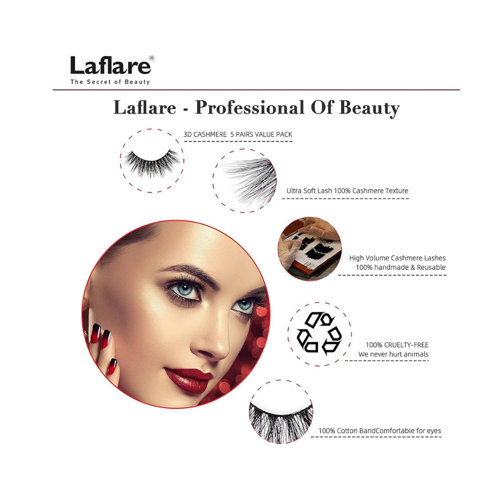 LAFLARE 3D cashmere eyelashes value pack showing five pairs of ultra soft lashes with close up and model wearing dramatic volume