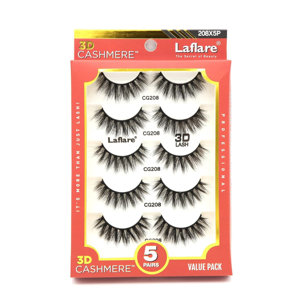 LAFLARE 5 pairs 3D cashmere eyelashes value pack CG208 dramatic black false lashes in red packaging