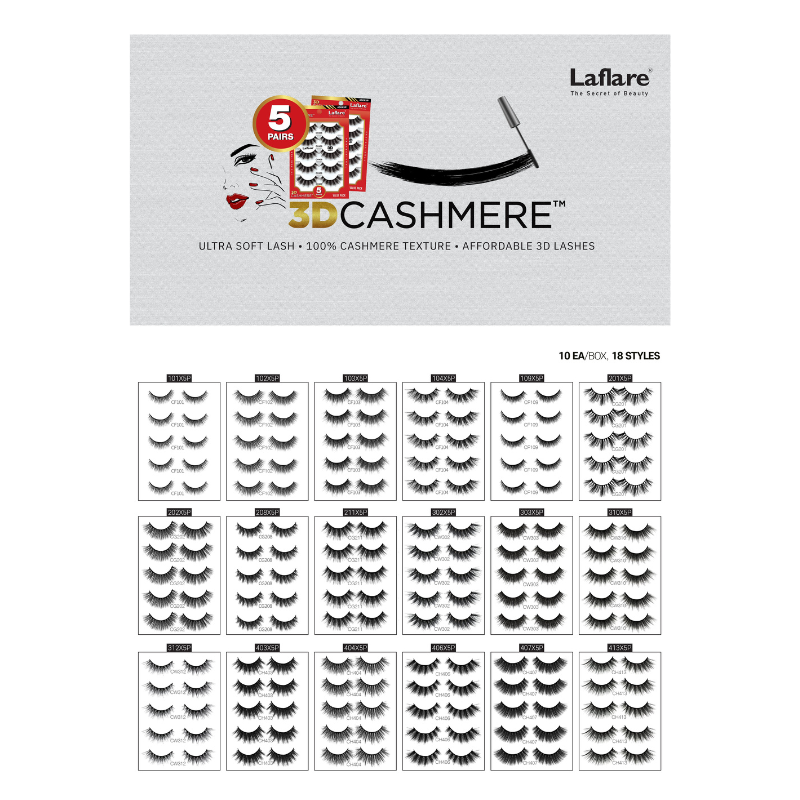 LAFLARE 3D cashmere eyelashes value pack showing packaging and 18 style sample sheet with multiple lash pairs