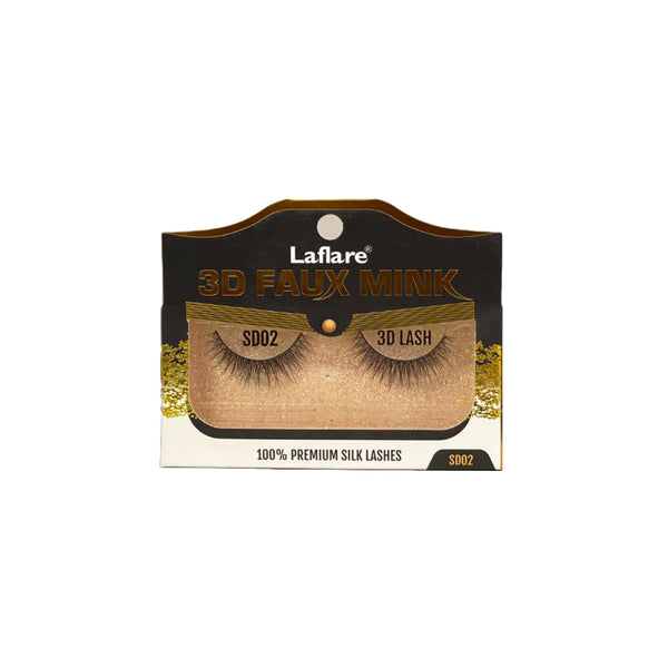 Laflare 3D faux mink lashes SD02 in black packaged box showing full strip and branding