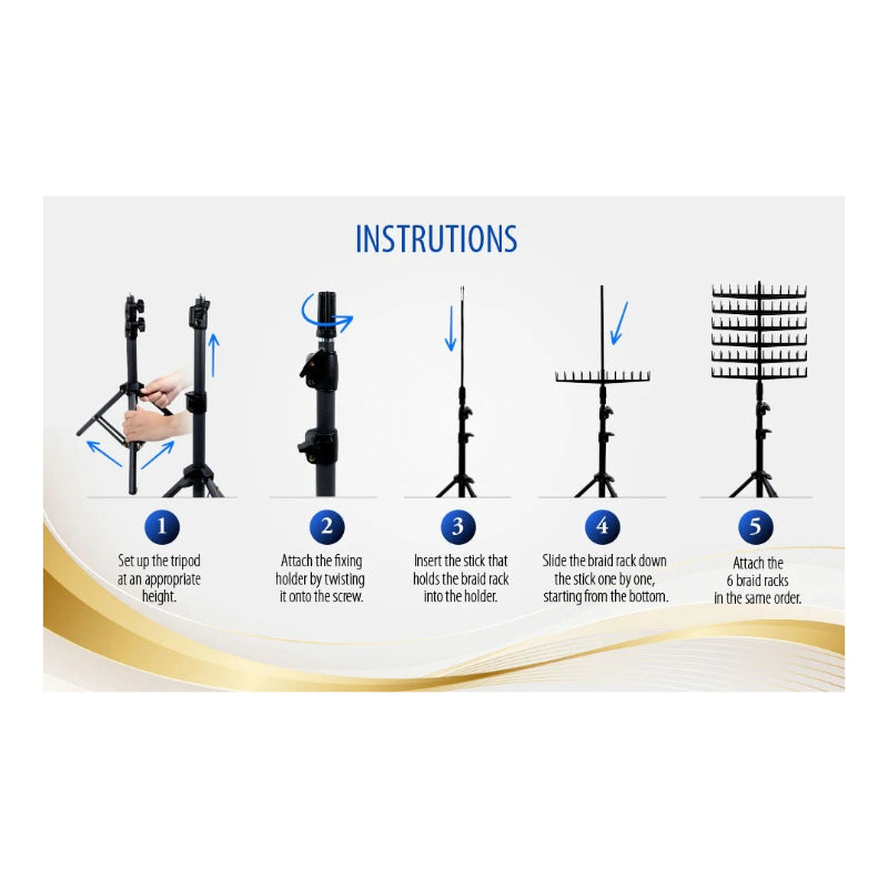 LAFLARE braid rack adjustable tripod assembly diagram showing tripod with six braid racks and step instructions