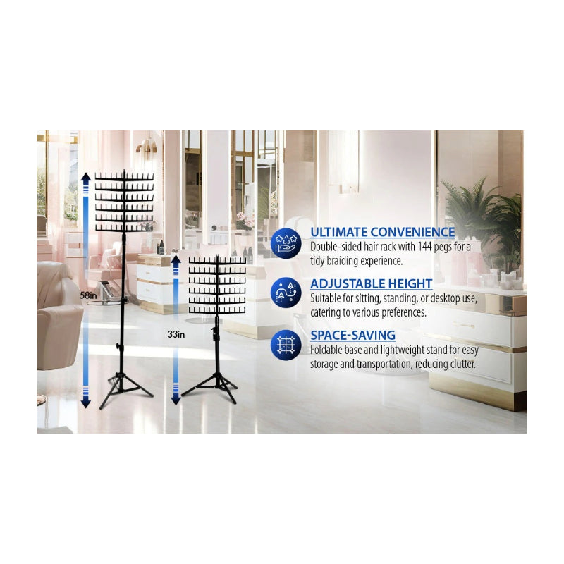 LAFLARE braid rack adjustable tripod double sided hair rack with 144 pegs and adjustable height