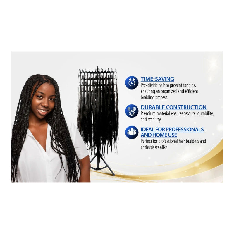 LAFLARE braid rack adjustable tripod holding black braid extensions next to smiling model with long braids