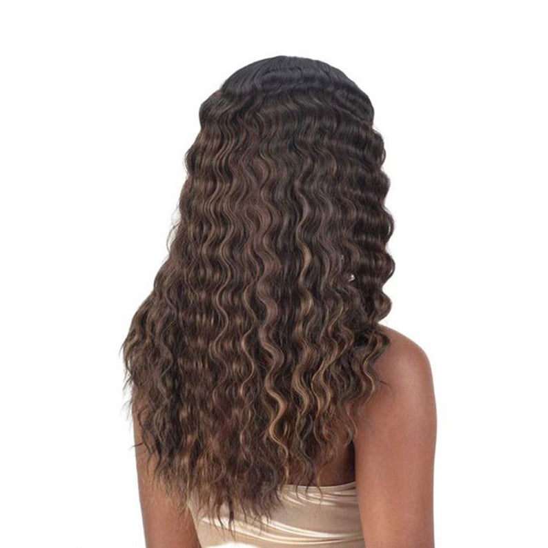 SHAKE N GO lace front human hair blend wig long wavy brown with subtle honey highlights back view
