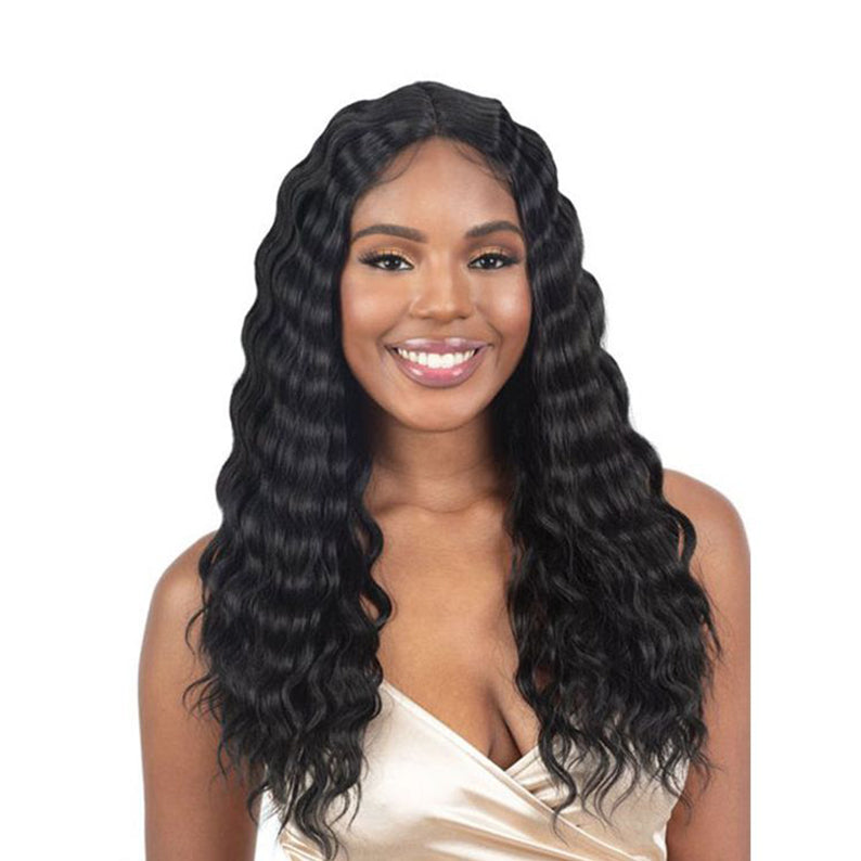 SHAKE N GO lace front human hair blend wig long deep wave black with center part on smiling model