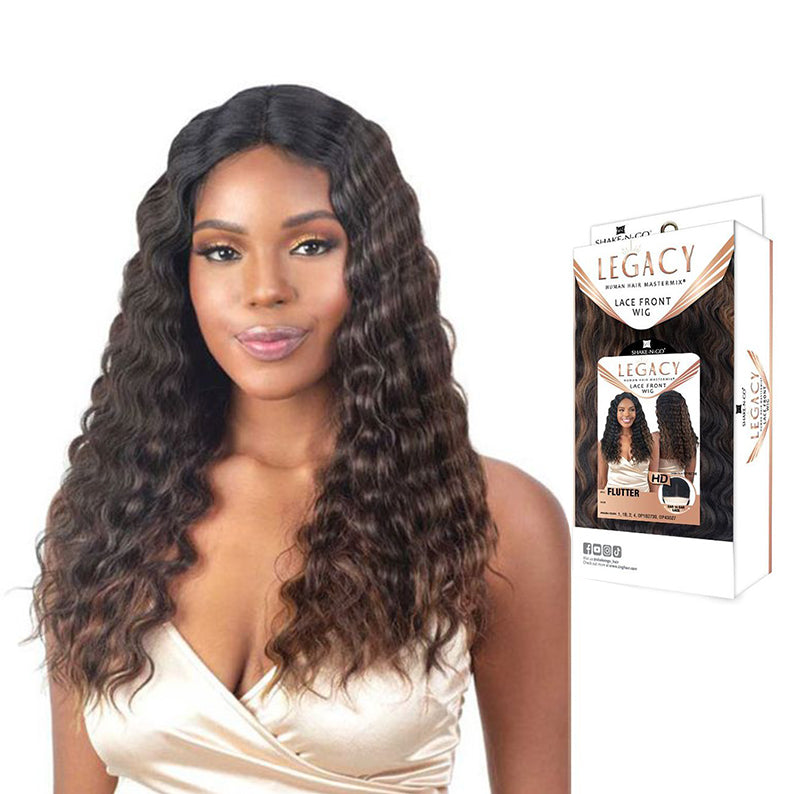 Shake N Go Legacy long wavy dark brown lace front human hair blend wig on model with packaging