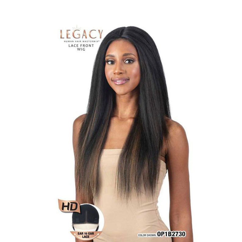 SHAKE N GO model wearing long straight brown black legacy human hair blend lace front wig with natural hairline