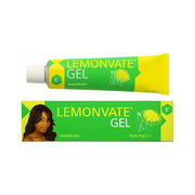 LEMONVATE gel tube and box with lemon graphic and model portrait showing lemon brightening gel for skin