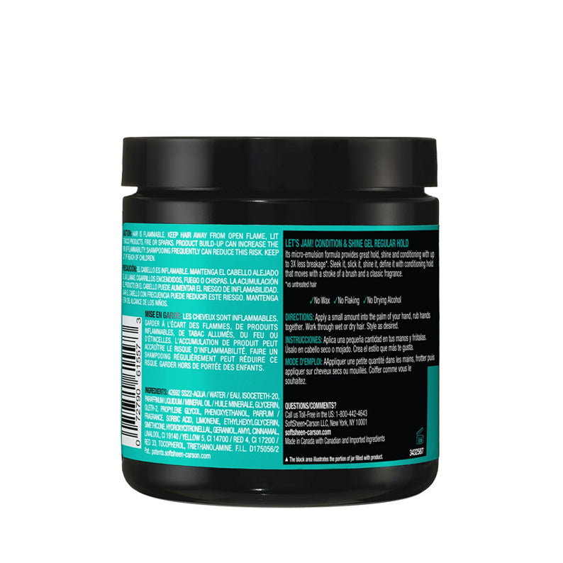 LETS JAM hair gel jar back label with directions and ingredients regular hold hair gel for shine