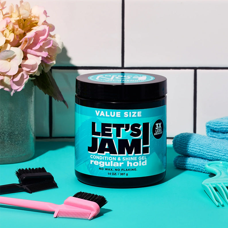 Lets Jam value size jar of condition and shine gel regular hold hair gel for shine with combs brushes and towels