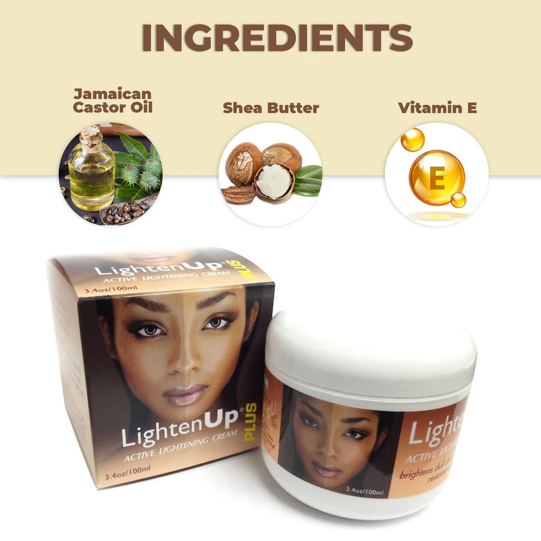 LIGHTENUP skin care jar and box of active lightening cream for dark spots with shea butter Jamaican castor oil and vitamin E