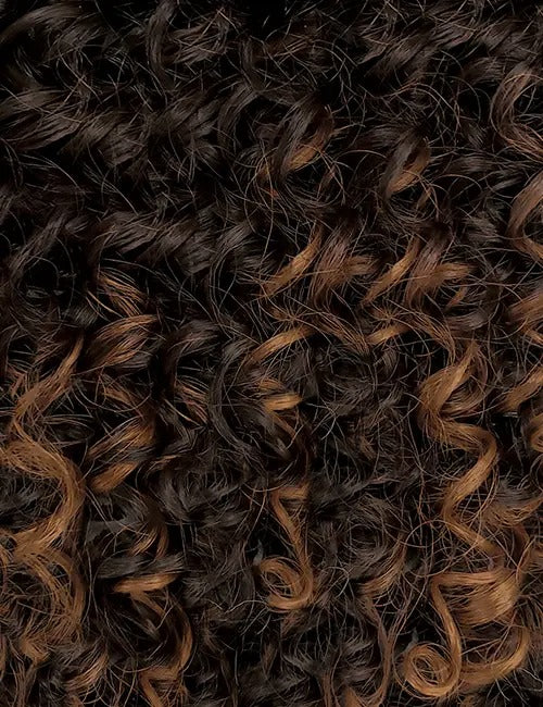 Close-up of OUTRE 10 inch boho box braids ponytail with curly textured hair in dark brown and caramel highlights