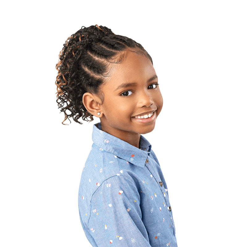 Young girl wearing OUTRE 10 inch boho box braids ponytail with curly ends styled in a high ponytail