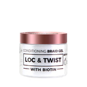NICKA K conditioning braid gel for natural hair in clear jar with rose gold lid labeled Loc and Twist with biotin