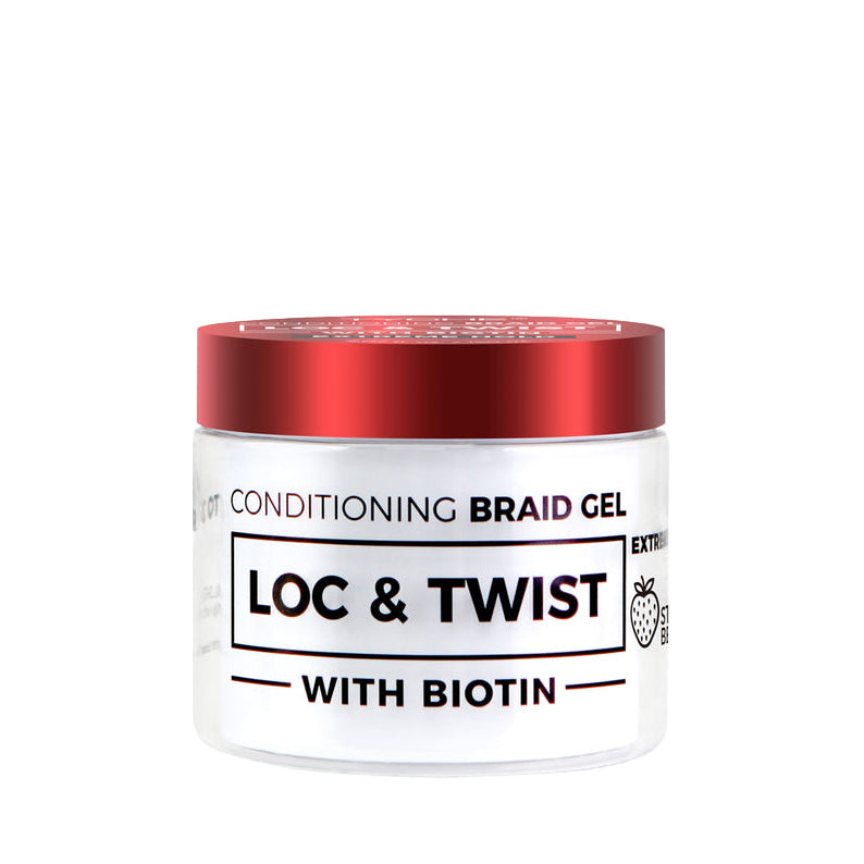 NICKA K conditioning braid gel with biotin in clear jar with red lid for loc and twist styling