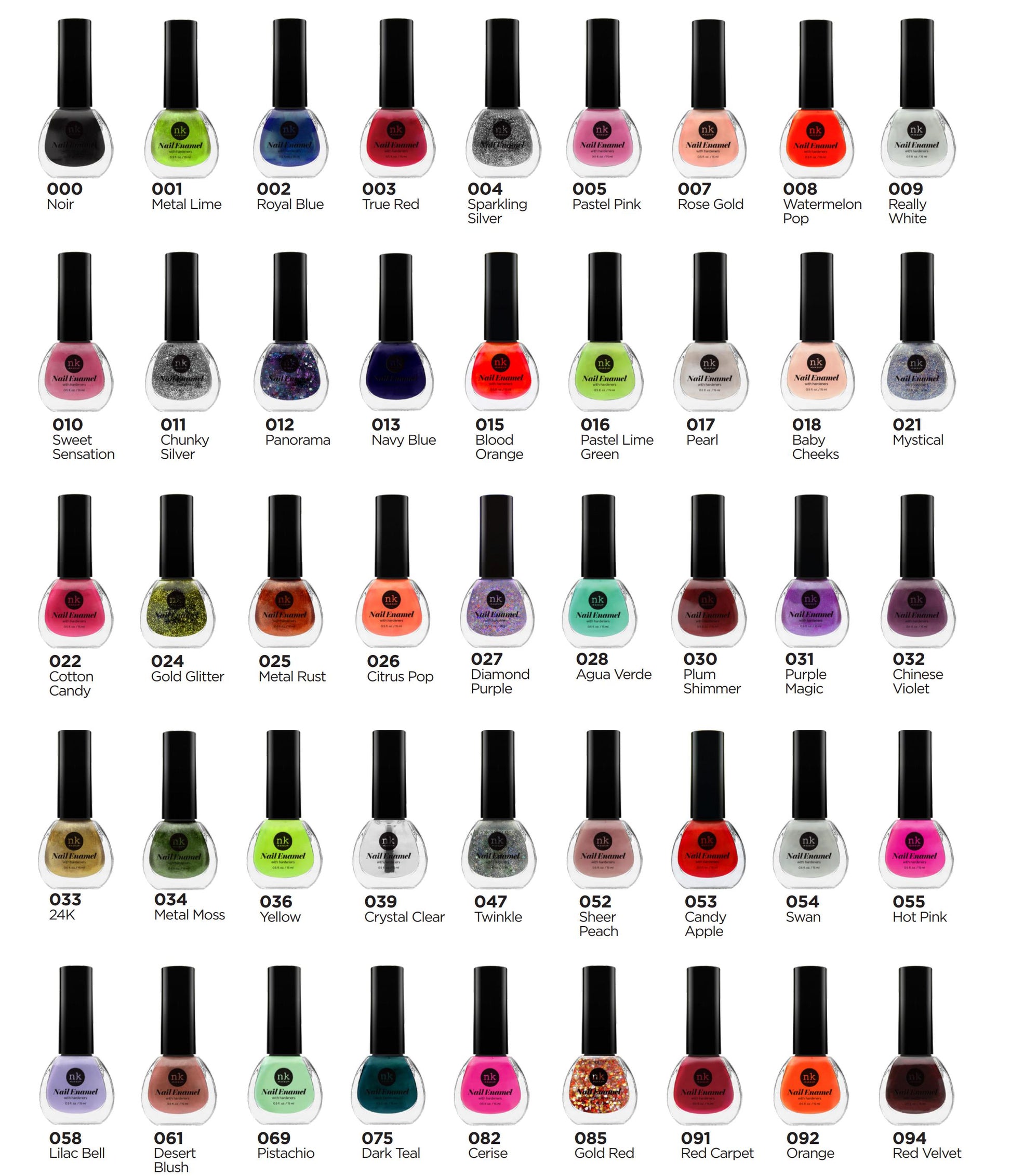 NICKA K long-lasting nail enamel collection featuring 40 vibrant colors in sleek black bottles