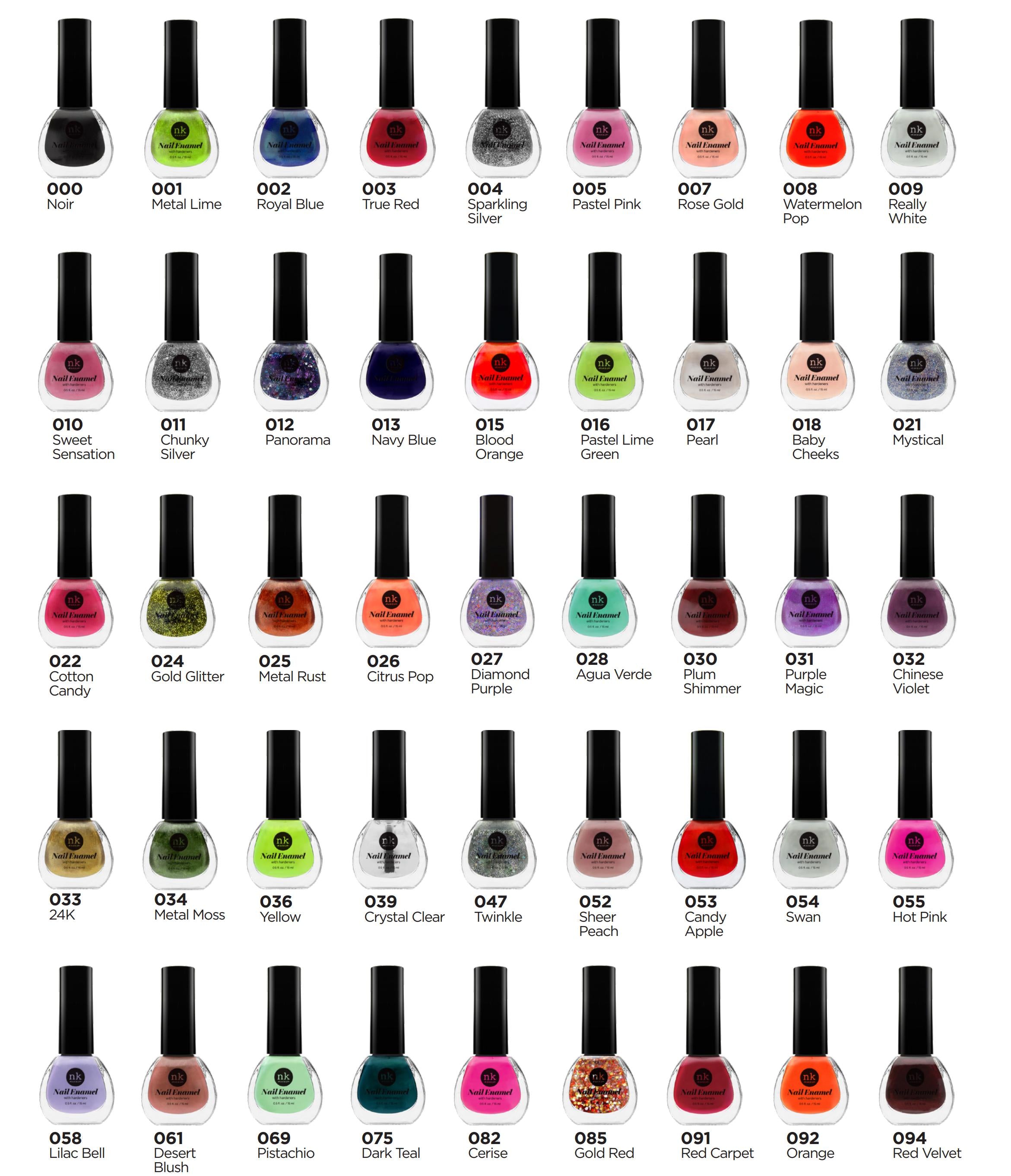 NICKA K long-lasting nail enamel collection featuring 40 vibrant colors in sleek black bottles