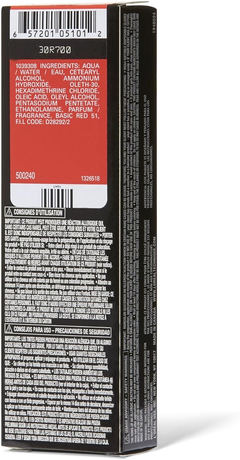 L OREAL boxed red hair dye for dark hair showing back panel with ingredients barcode and usage instructions