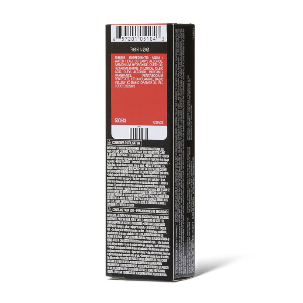 LOREAL hair color box back with red shade swatch and ingredient text for red highlights hair color for dark hair