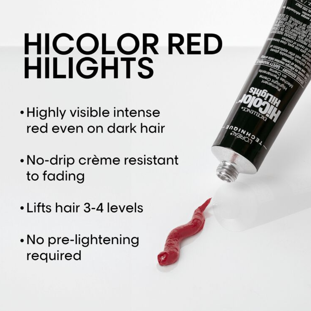 LOREAL HiColor red hair cream tube with red swatch showing red highlights hair color for dark hair