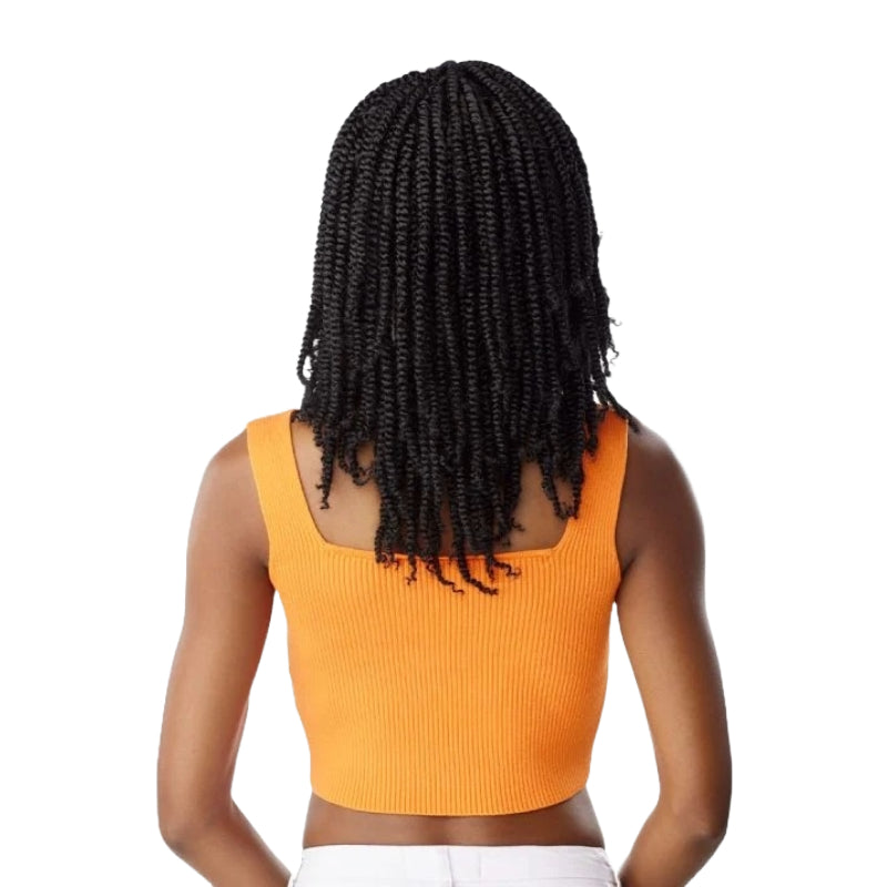Back view of woman with shoulder-length twists styled with Lulutress Juicy Twist 12 inch braiding hair by Sensationnel