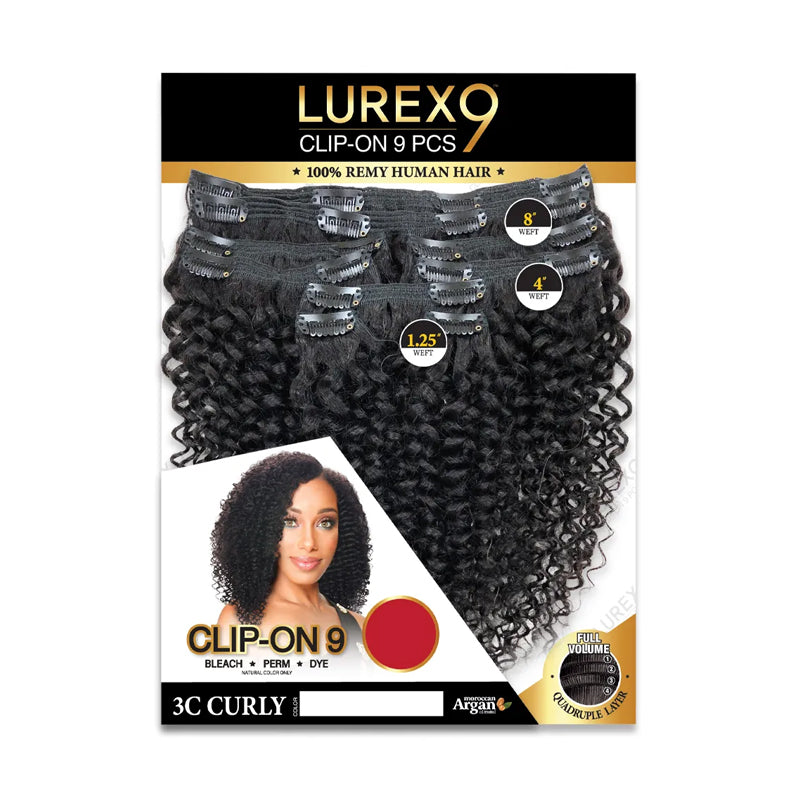 ROYAL IMEX Lurexo 9 piece pack showing 3C curly clip-in hair extensions in natural black on packaging