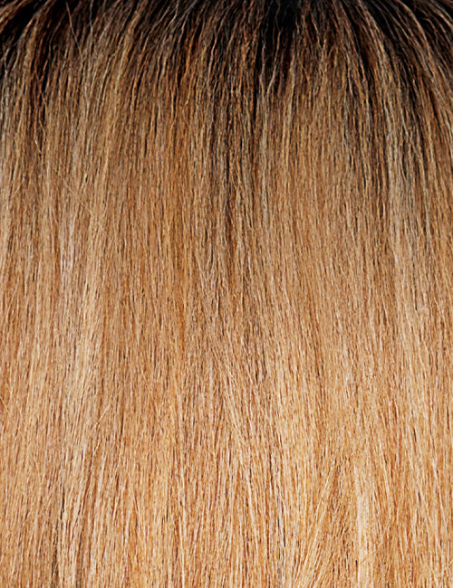 OUTRE 13x6 lace frontal wig synthetic honey blonde straight hair with dark roots close up texture