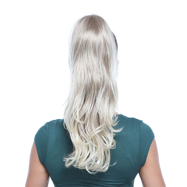 HAIR COUTURE 20 inch drawstring ponytail extension long wavy ash blonde back view on model