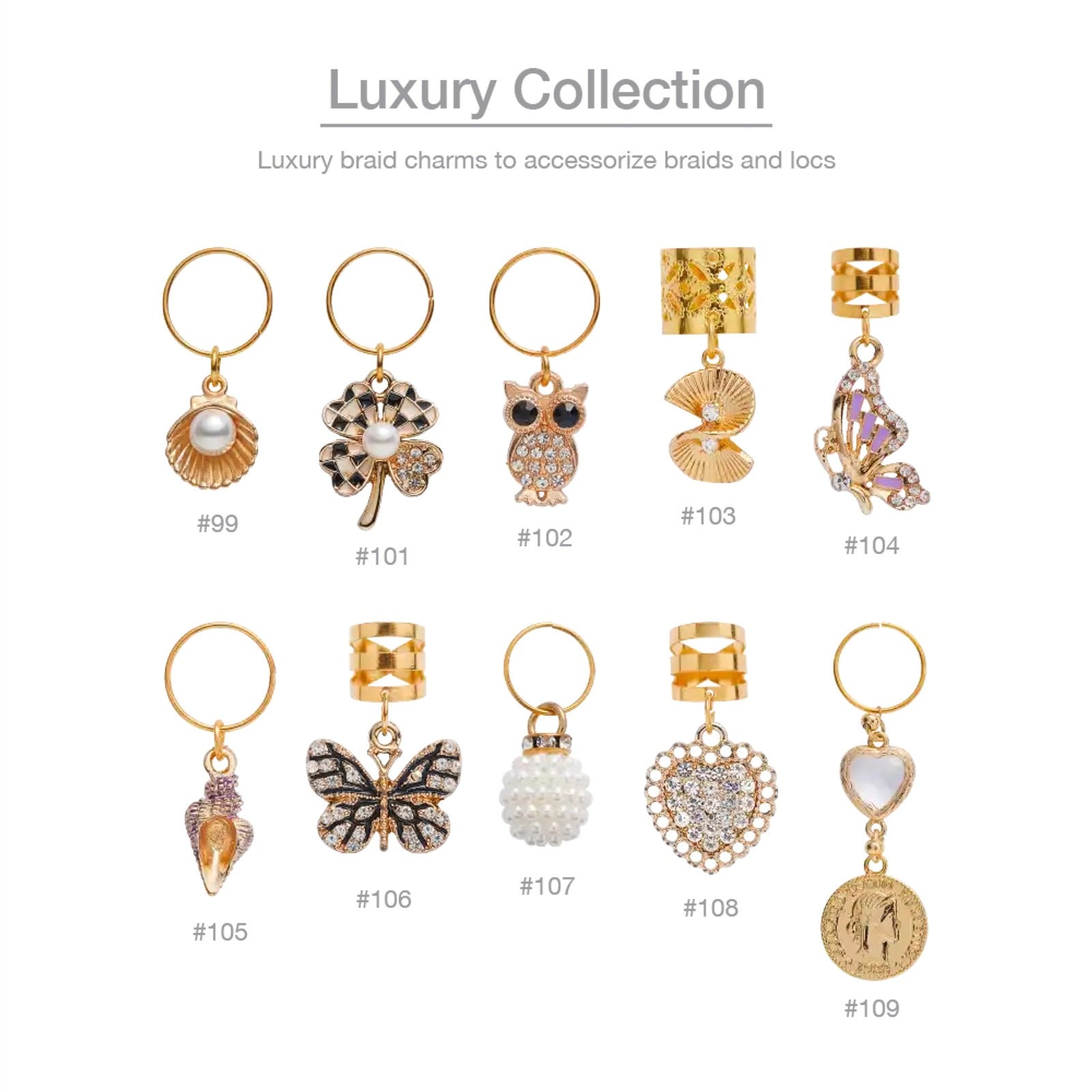 RED BEAUTY by KISS luxury braid charms set gold tone mixed charms with pearls rhinestones butterfly owl heart for braids and locs