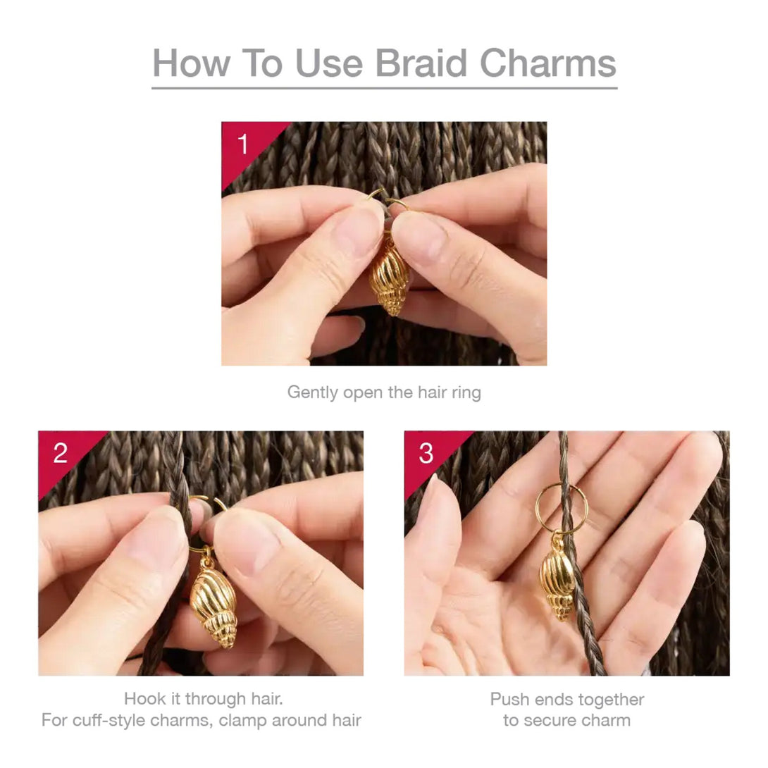 Hands attaching gold luxury braid charms set to braided hair showing open ring hook and secure cuff