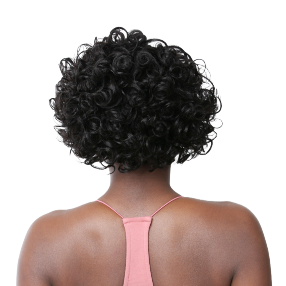 ITS A WIG short black curly bob shown from back on model wearing pink top 100% human hair lace wig for natural everyday wear