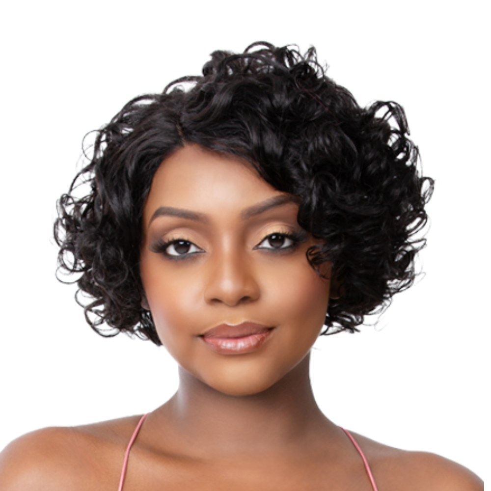 ITS A WIG short curly black bob on model with natural hairline 100% human hair lace wig