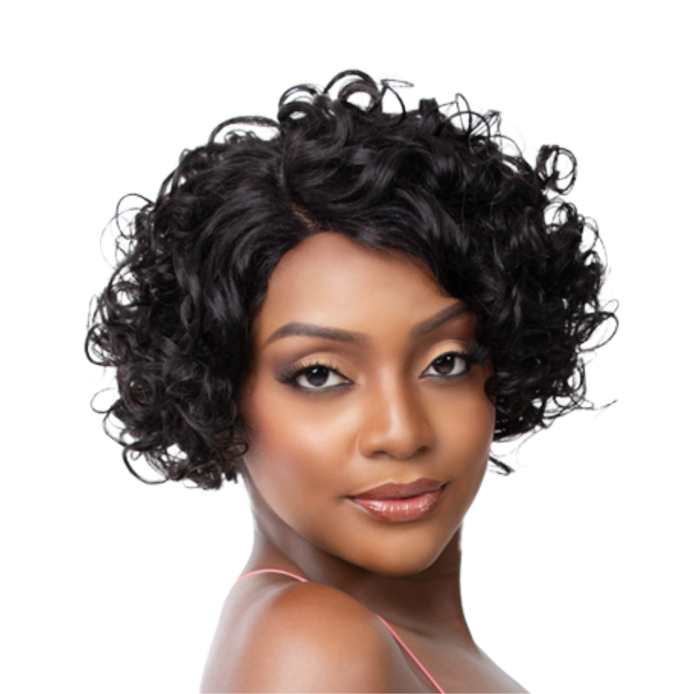 Model wearing short curly black 100% human hair lace wig showcasing natural volume and shine