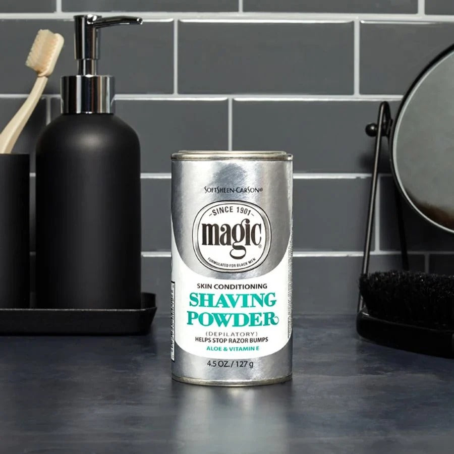 MAGIC skin conditioning shaving powder canister on bathroom counter beside soap dispenser and mirror