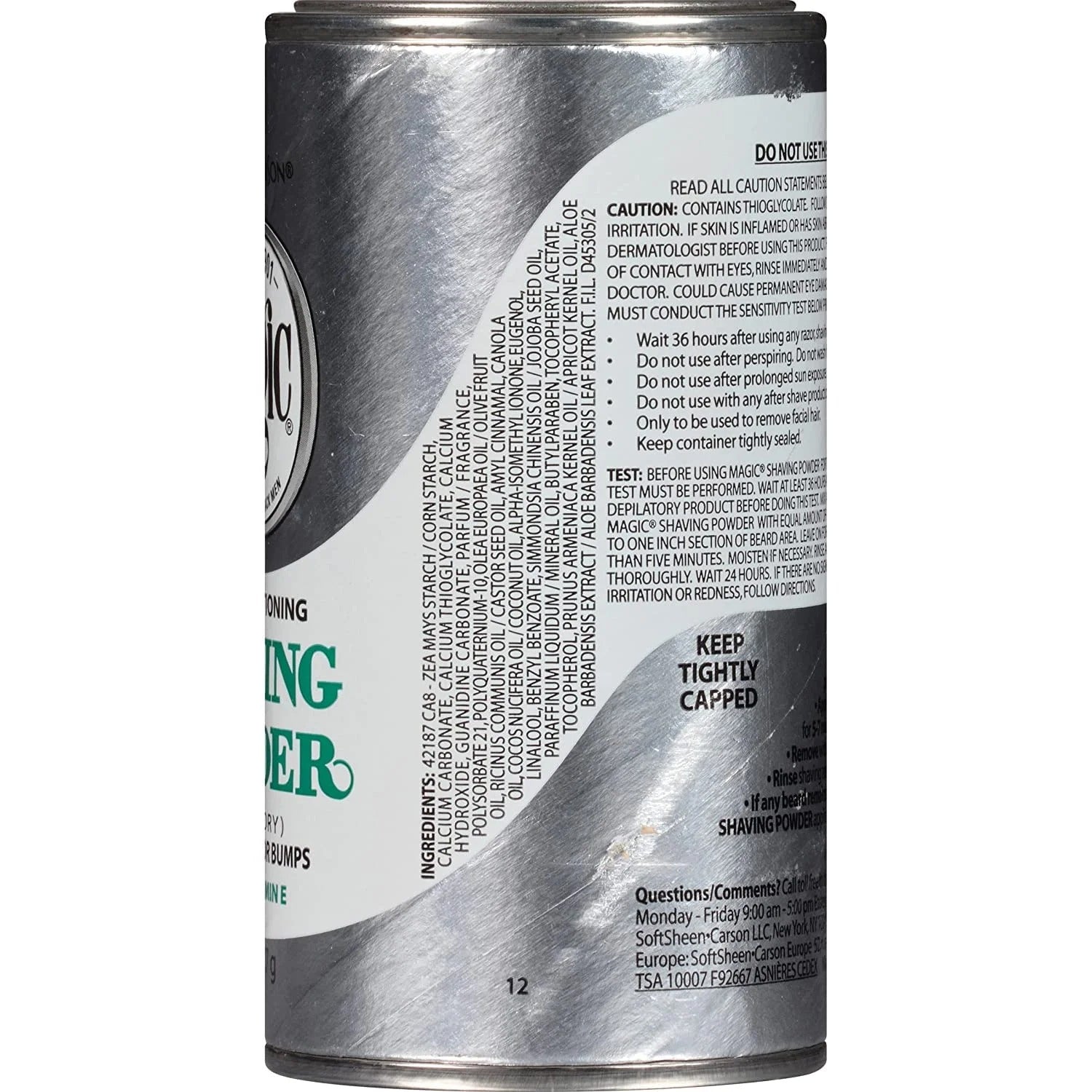 MAGIC skin conditioning shaving powder metal canister showing back label with ingredients usage instructions