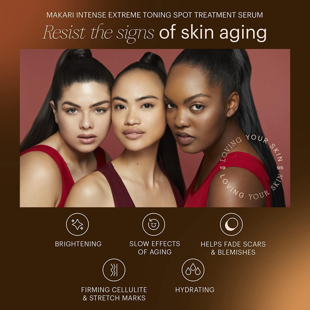 MAKARI ad with three diverse women showcasing brightening hydrating results from a rejuvenating face serum with SPF 15