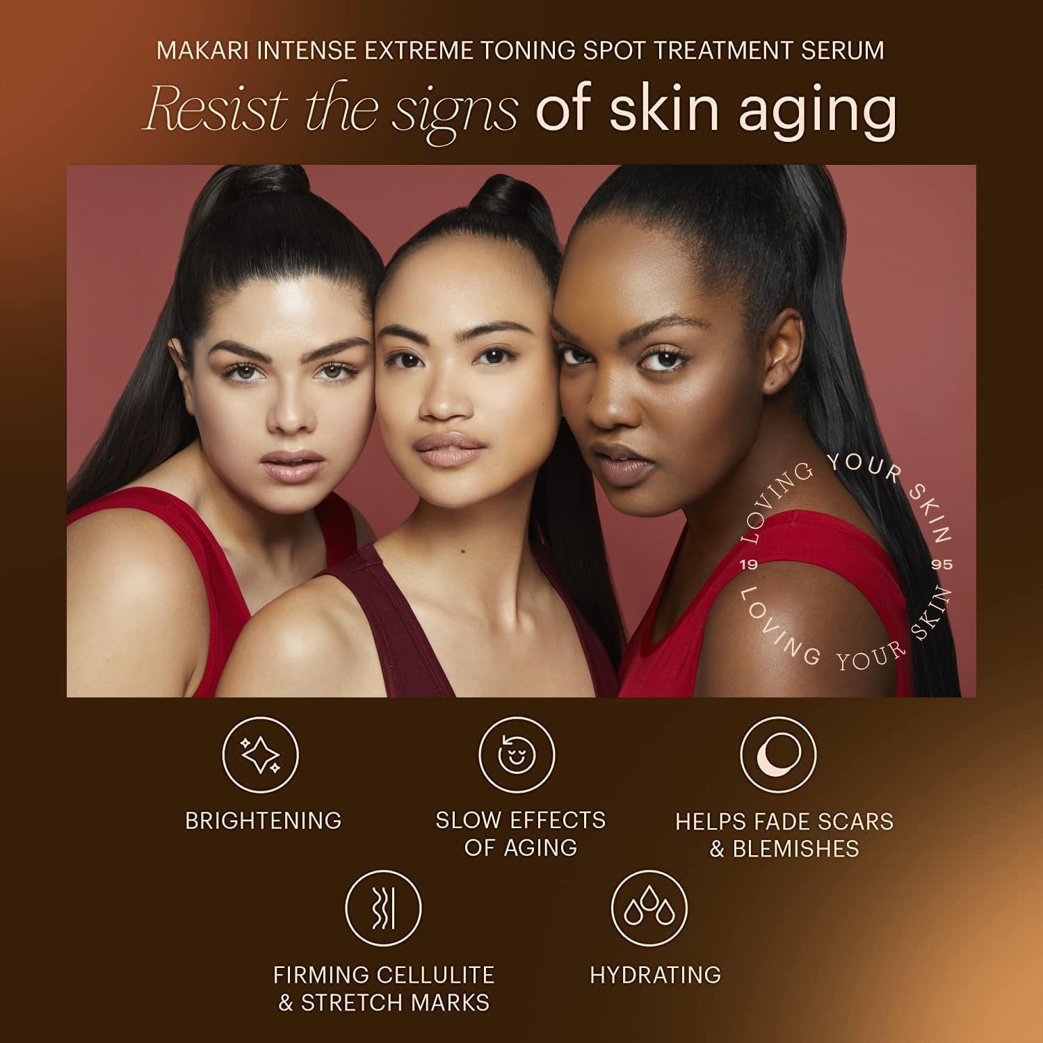 MAKARI ad with three diverse women showcasing brightening hydrating results from a rejuvenating face serum with SPF 15