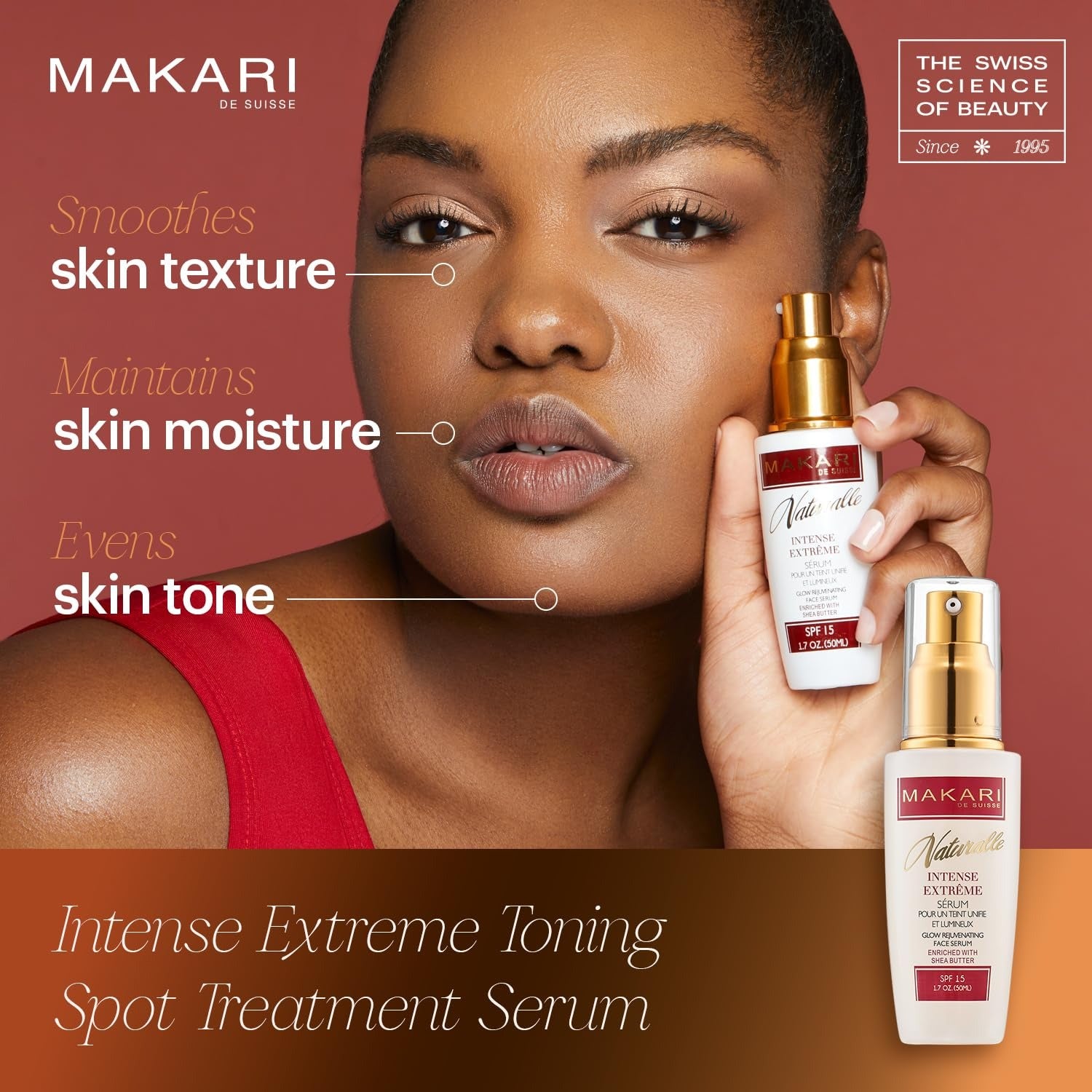 Makari model holding Intense Extreme Toning Spot Treatment bottle, rejuvenating face serum with SPF 15 for smoother, even skin