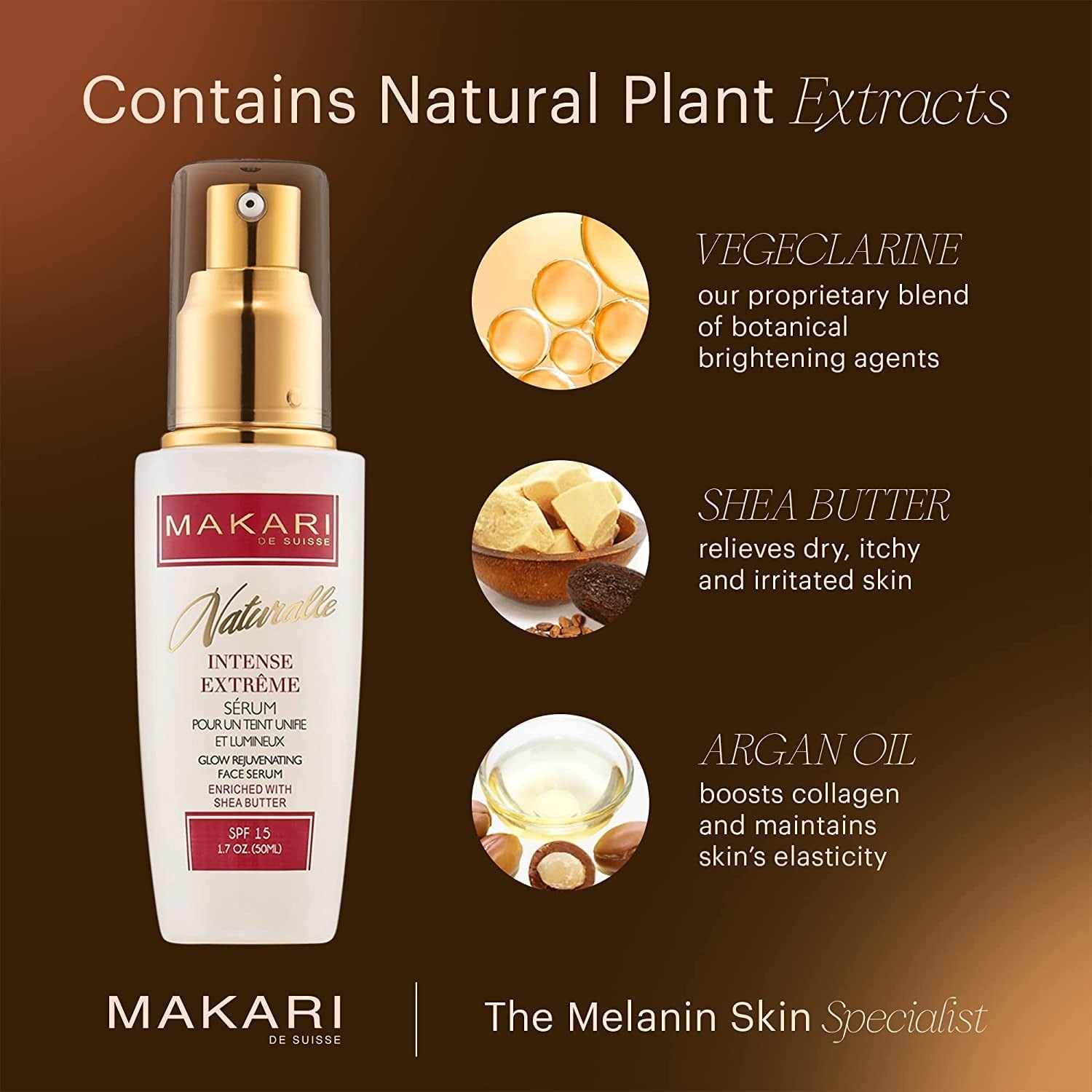MAKARI rejuvenating face serum with SPF 15 bottle and natural plant extracts shea butter argan oil