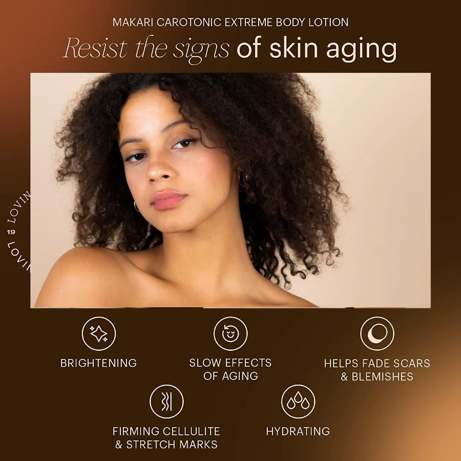MAKARI promotional image of a woman with skin aging claims and benefits rejuvenating face serum with SPF 15