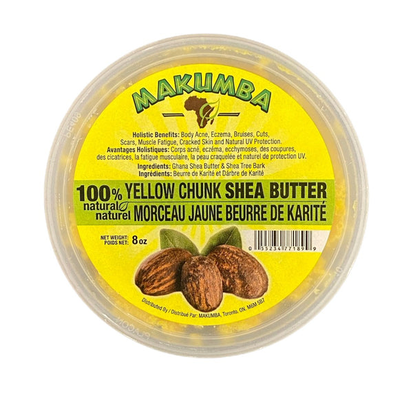 Makumba 100% natural shea butter yellow chunk in 8 oz container for skin care