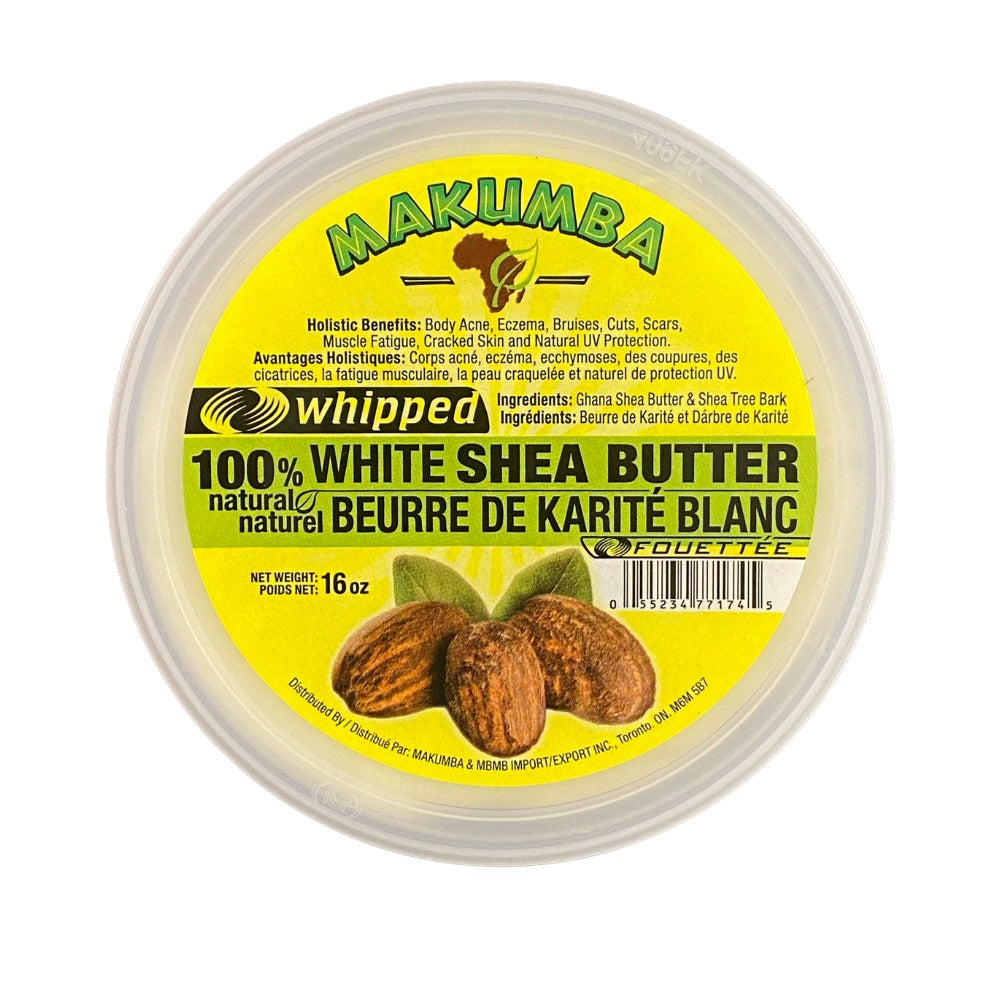 Makumba natural whipped shea butter in 16 oz container for skin care and moisturizing