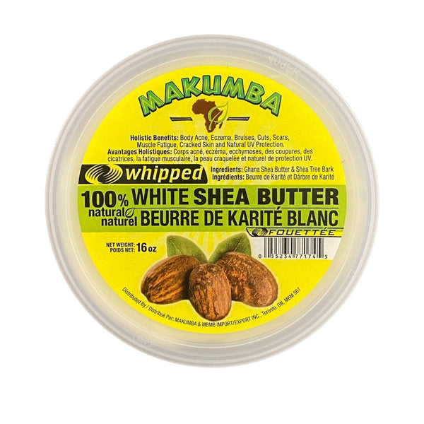 Makumba natural whipped shea butter in 16 oz container for skin care and moisturizing